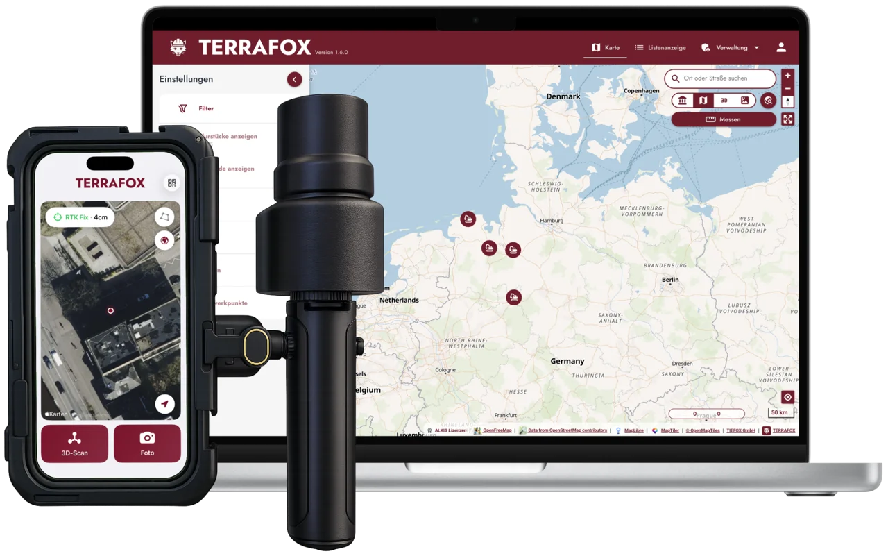 TERRAFOX App mit RTK-Antenne und Web-Portal auf dem Laptop